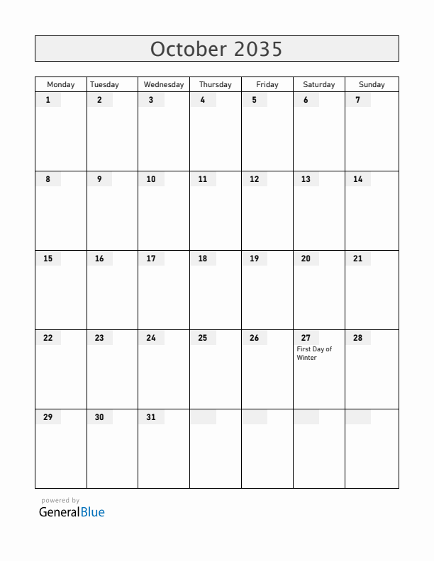 Iceland October 2035 Calendar with Holidays