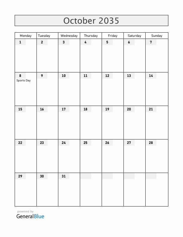 Japan October 2035 Calendar with Holidays