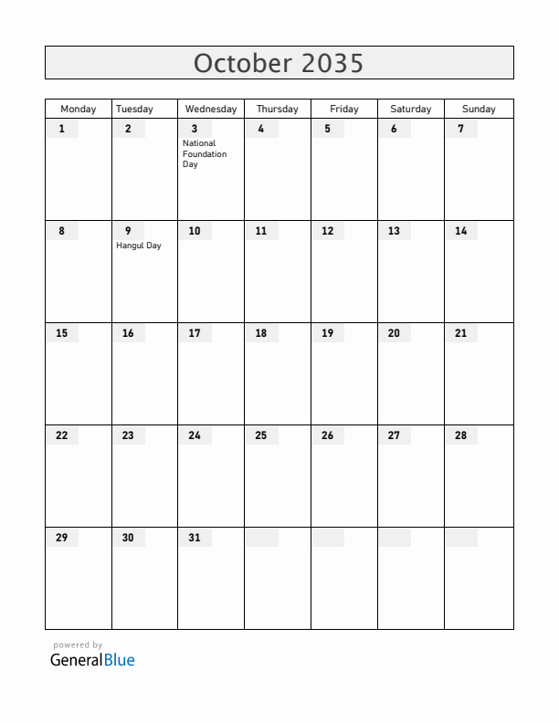 South Korea October 2035 Calendar with Holidays