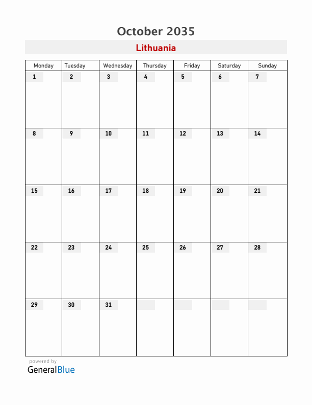 Lithuania October 2035 Calendar with Holidays
