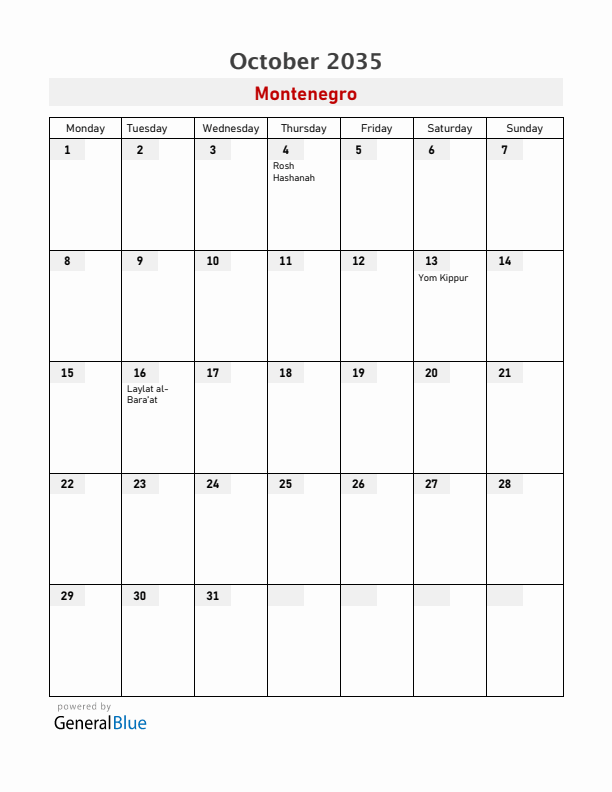 Montenegro October 2035 Calendar with Holidays