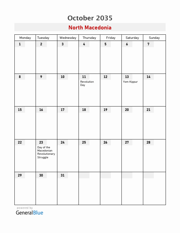 North Macedonia October 2035 Calendar with Holidays