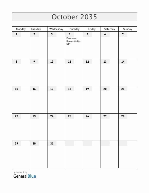 Mozambique October 2035 Calendar with Holidays