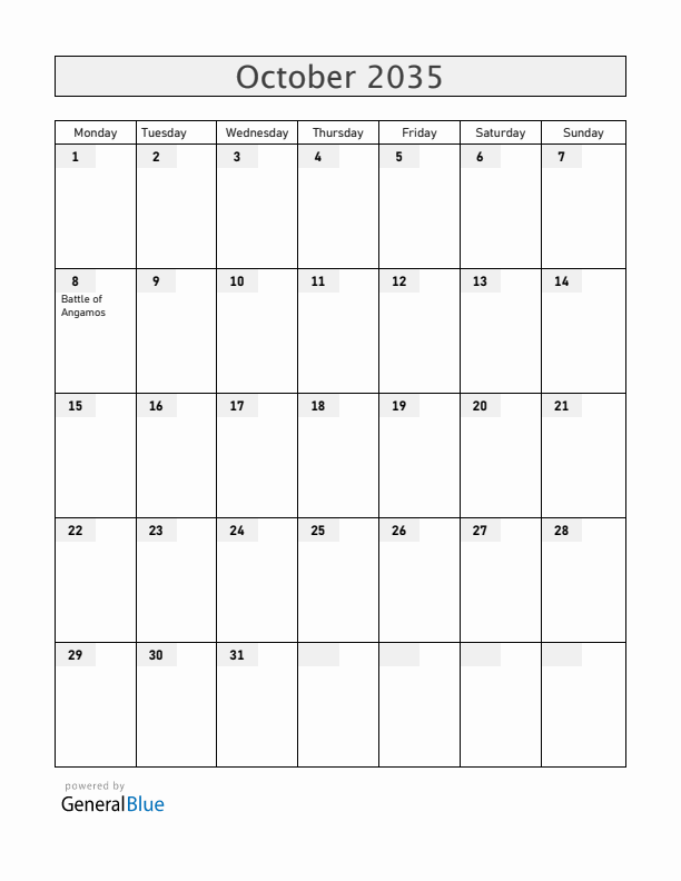 Peru October 2035 Calendar with Holidays