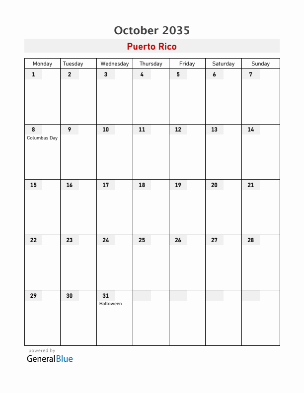 Puerto Rico October 2035 Calendar with Holidays