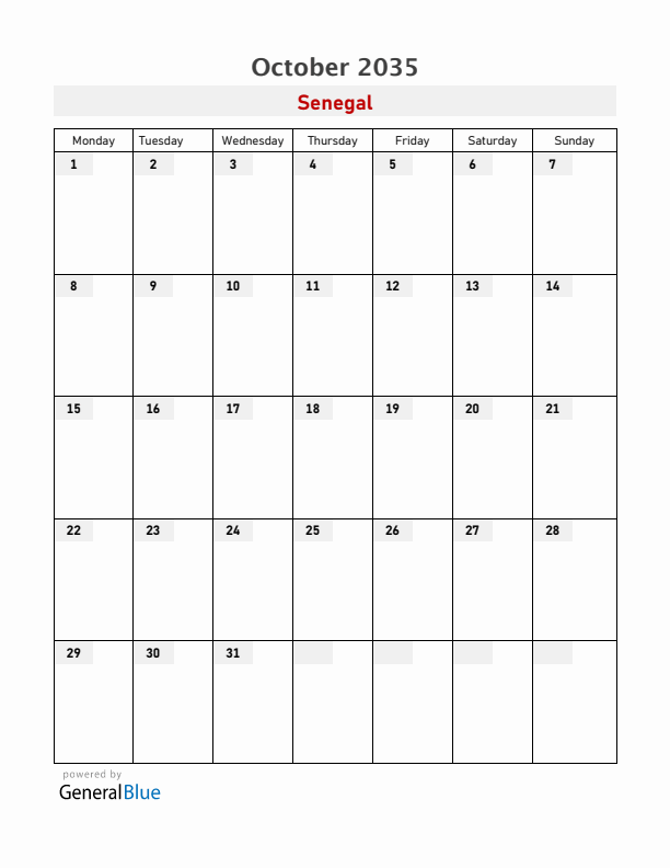 Senegal October 2035 Calendar with Holidays