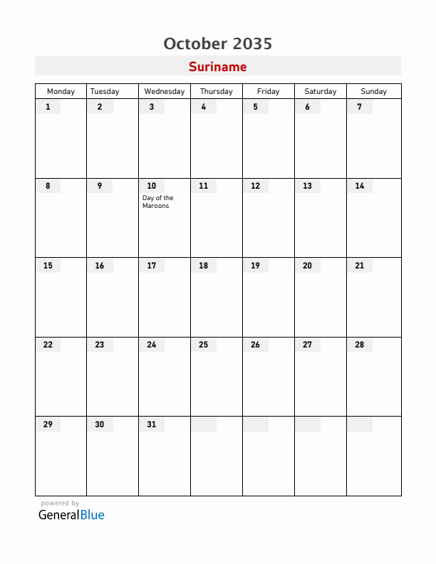 Suriname October 2035 Calendar with Holidays