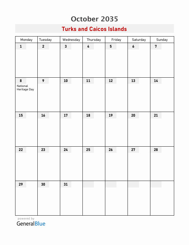Turks and Caicos Islands October 2035 Calendar with Holidays