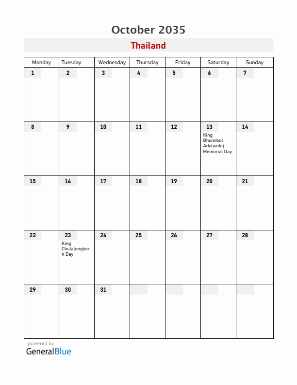 Thailand October 2035 Calendar with Holidays