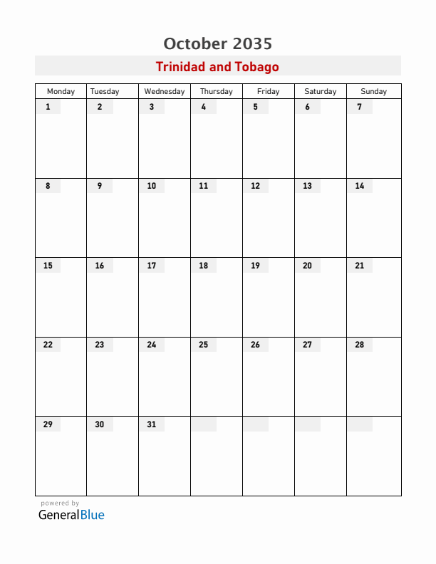 Trinidad and Tobago October 2035 Calendar with Holidays