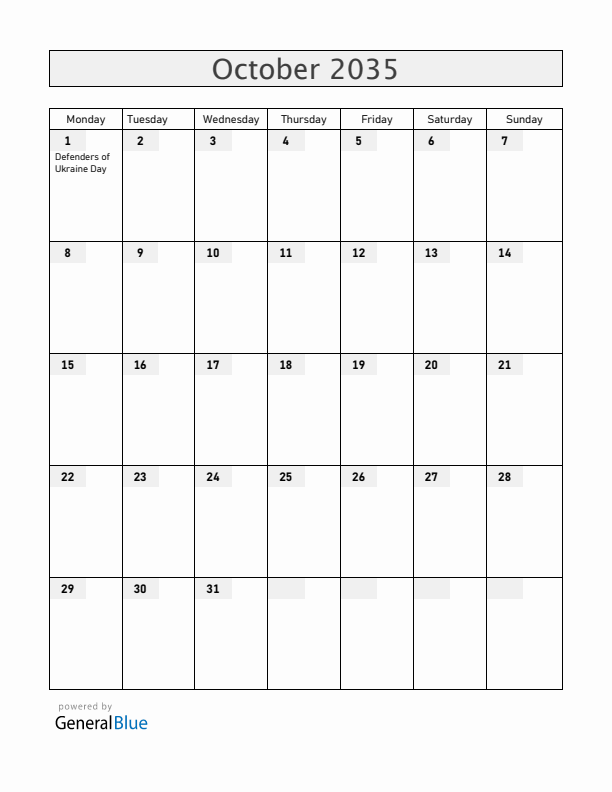 Ukraine October 2035 Calendar with Holidays