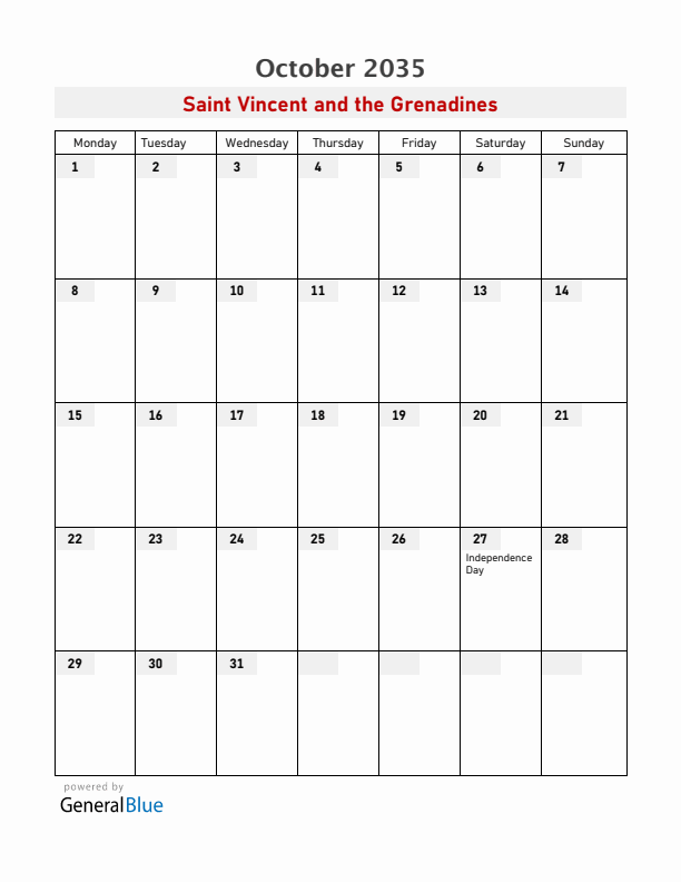 Saint Vincent and the Grenadines October 2035 Calendar with Holidays