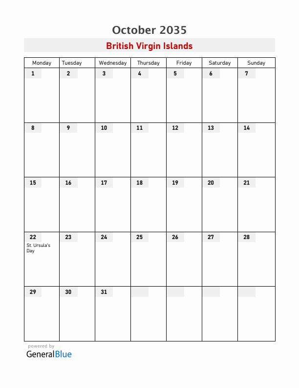 British Virgin Islands October 2035 Calendar with Holidays