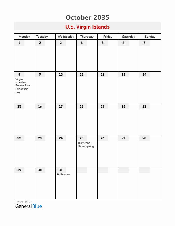 U.S. Virgin Islands October 2035 Calendar with Holidays