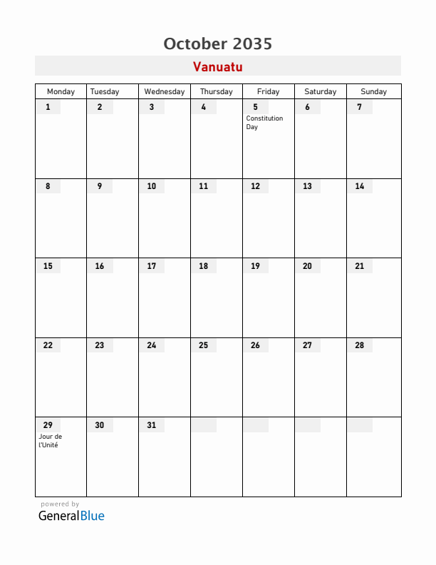 Vanuatu October 2035 Calendar with Holidays
