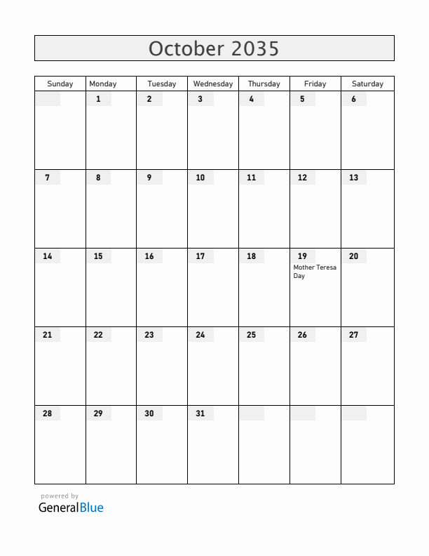 Albania October 2035 Calendar with Holidays