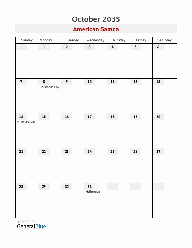 American Samoa October 2035 Calendar with Holidays