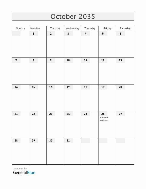 Austria October 2035 Calendar with Holidays