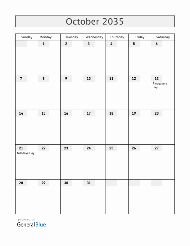 Burundi October 2035 Calendar with Holidays