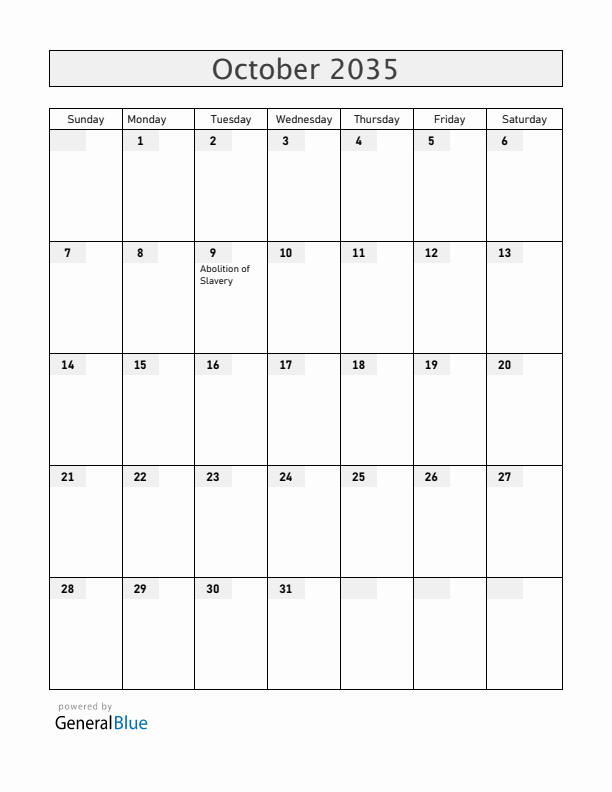 Saint Barthelemy October 2035 Calendar with Holidays