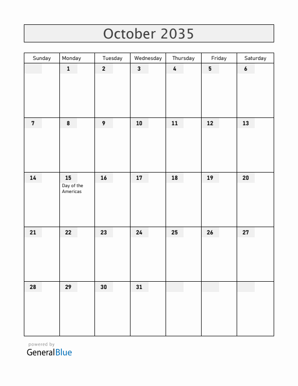 Belize October 2035 Calendar with Holidays
