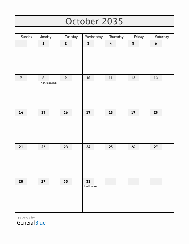 Canada October 2035 Calendar with Holidays