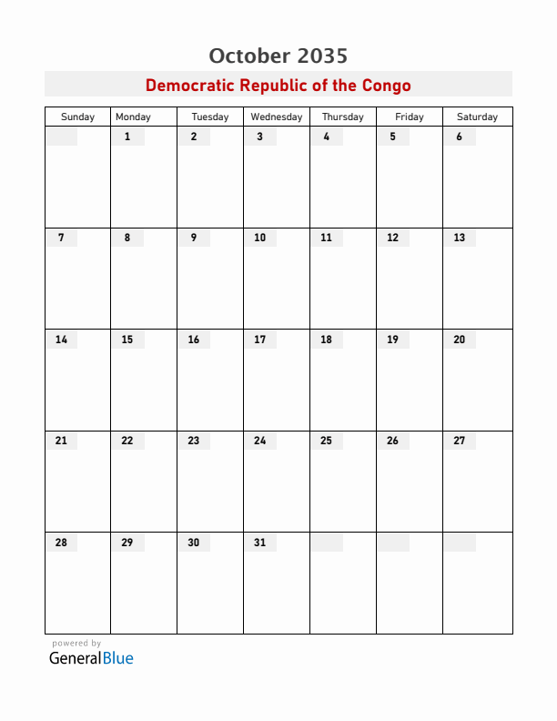 Democratic Republic of the Congo October 2035 Calendar with Holidays