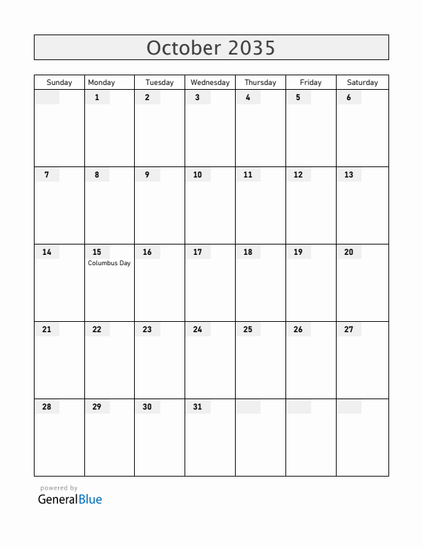 Chile October 2035 Calendar with Holidays