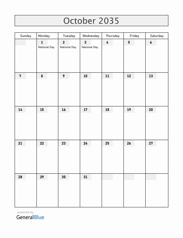 China October 2035 Calendar with Holidays