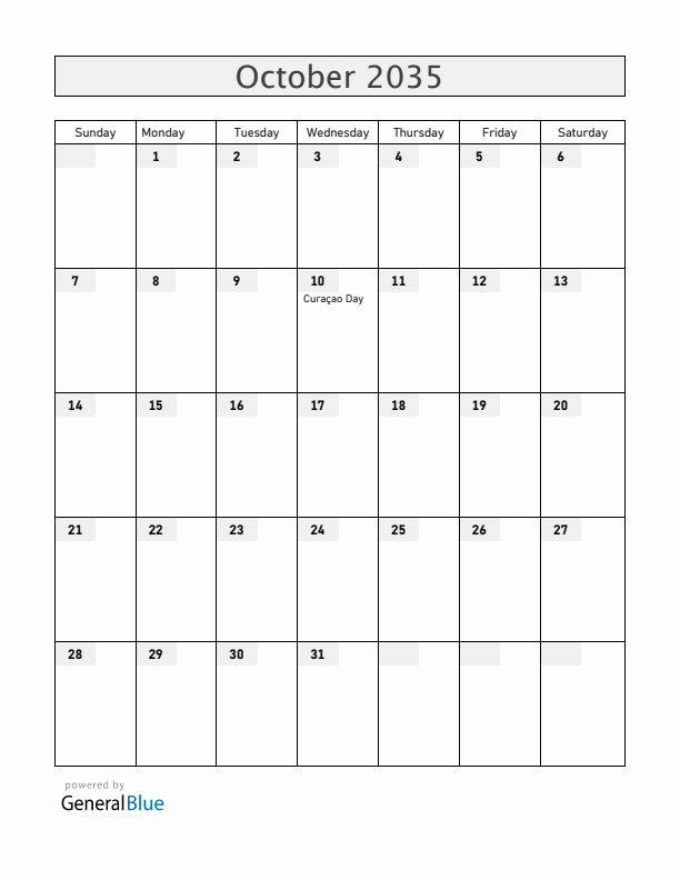 Curacao October 2035 Calendar with Holidays
