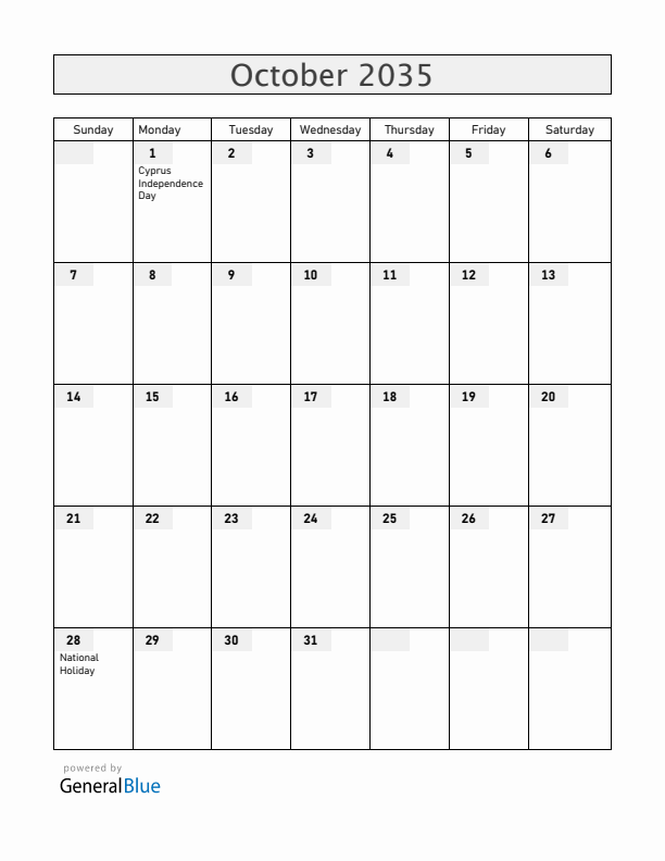 Cyprus October 2035 Calendar with Holidays