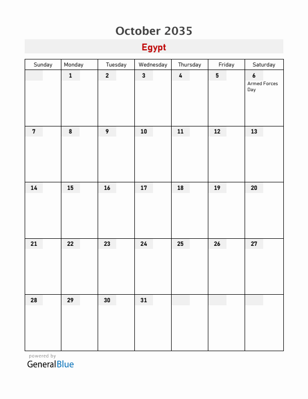 Egypt October 2035 Calendar with Holidays