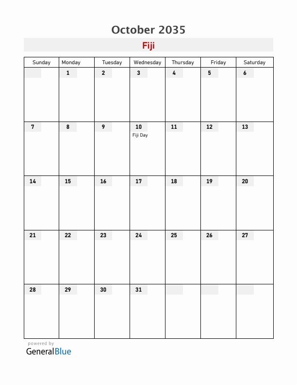 Fiji October 2035 Calendar with Holidays