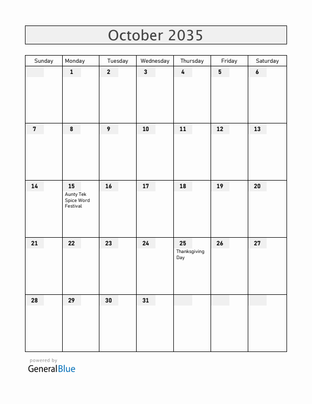 Grenada October 2035 Calendar with Holidays