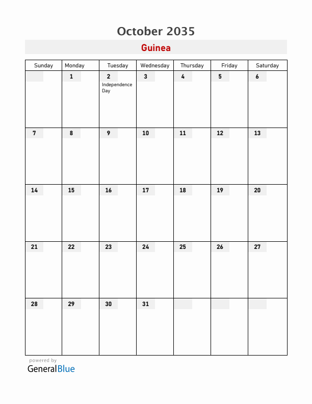 Guinea October 2035 Calendar with Holidays
