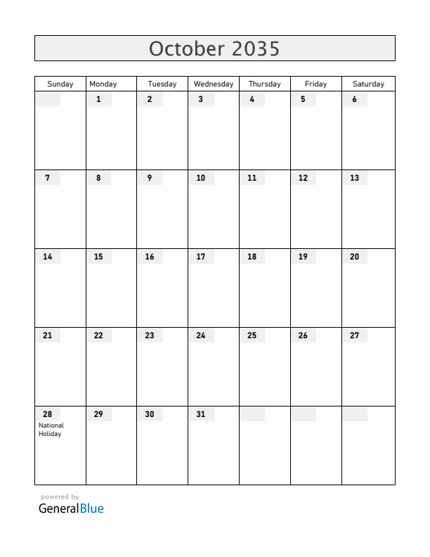 Greece October 2035 Calendar with Holidays