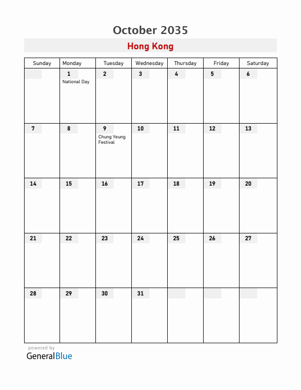 Hong Kong October 2035 Calendar with Holidays
