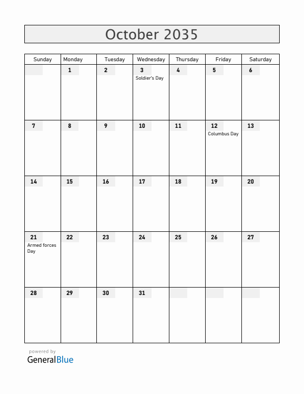 Honduras October 2035 Calendar with Holidays