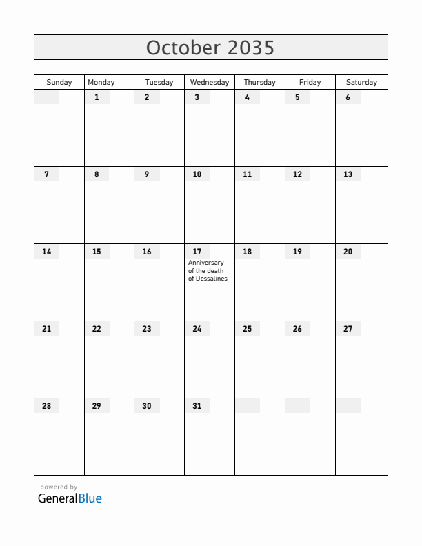 Haiti October 2035 Calendar with Holidays