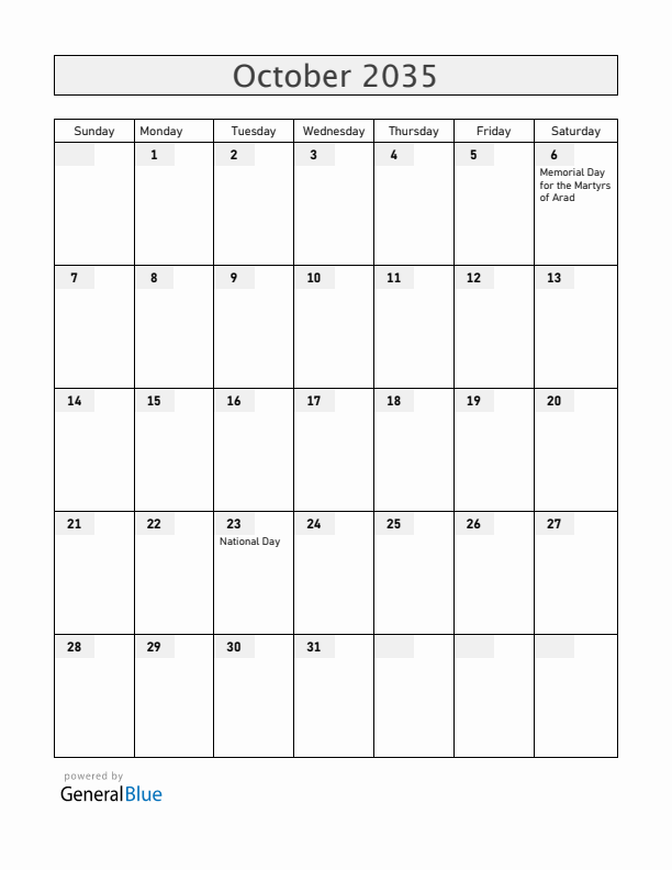 Hungary October 2035 Calendar with Holidays