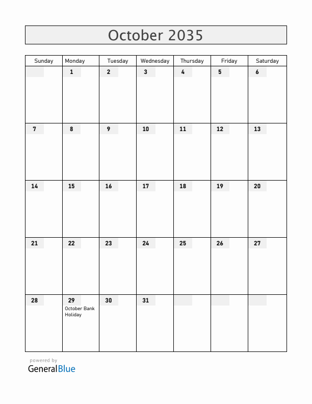 Ireland October 2035 Calendar with Holidays