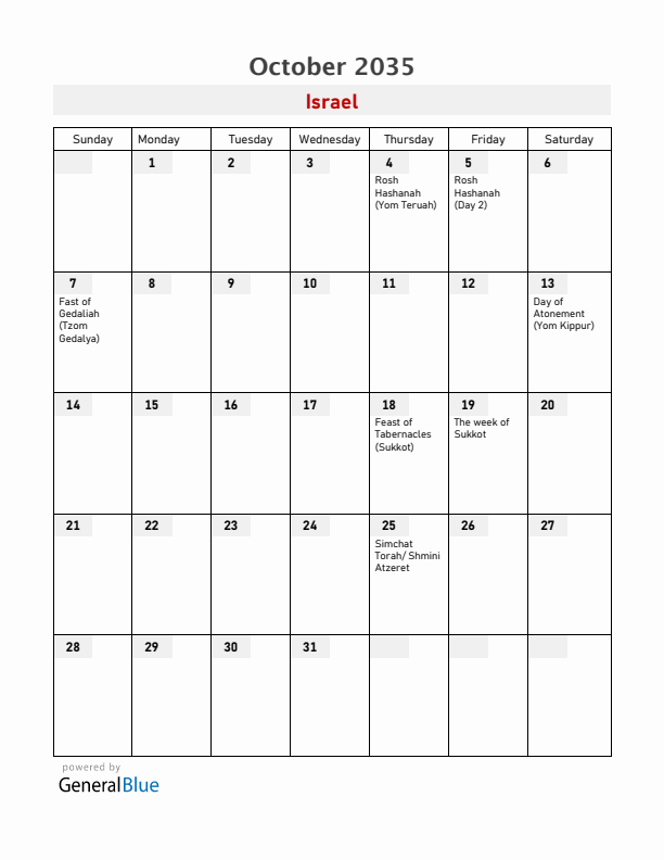 Israel October 2035 Calendar with Holidays