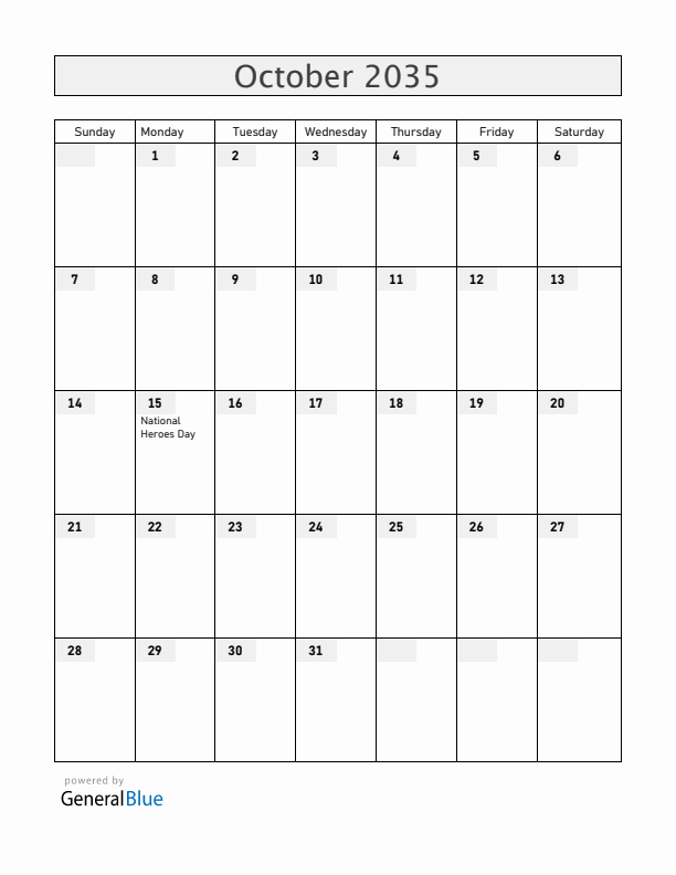 Jamaica October 2035 Calendar with Holidays