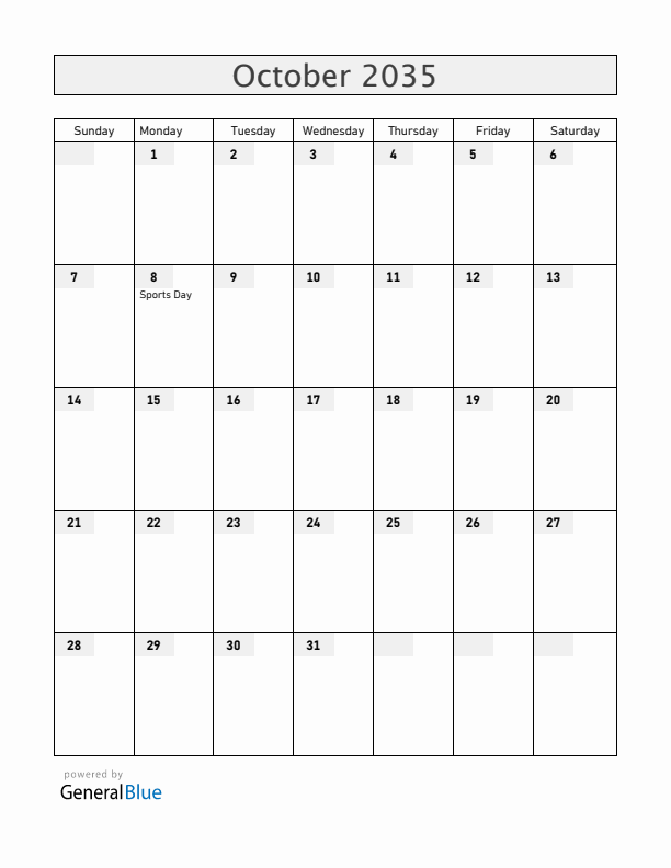 Japan October 2035 Calendar with Holidays