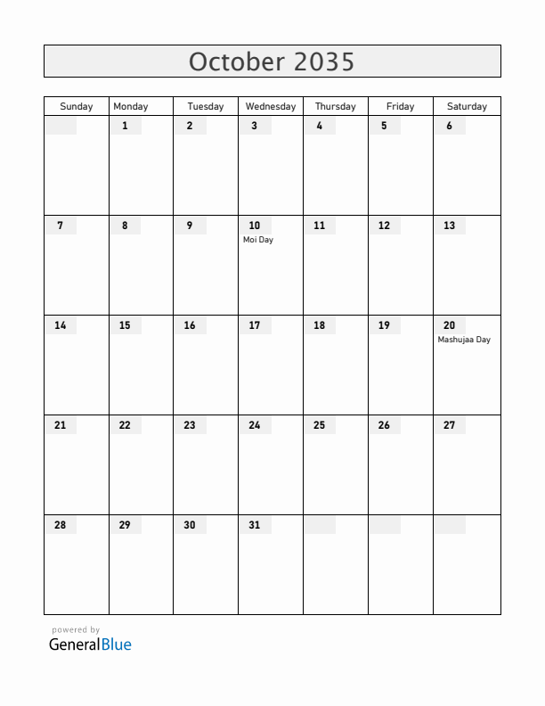 Kenya October 2035 Calendar with Holidays