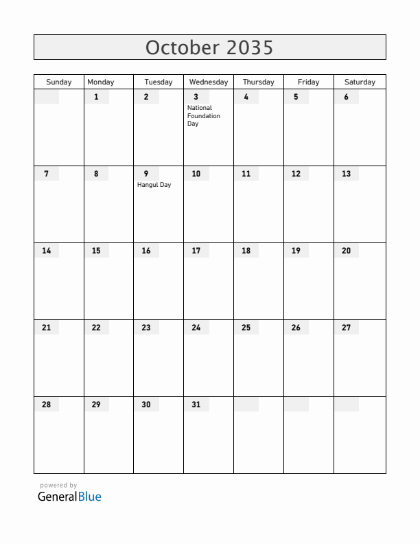 South Korea October 2035 Calendar with Holidays