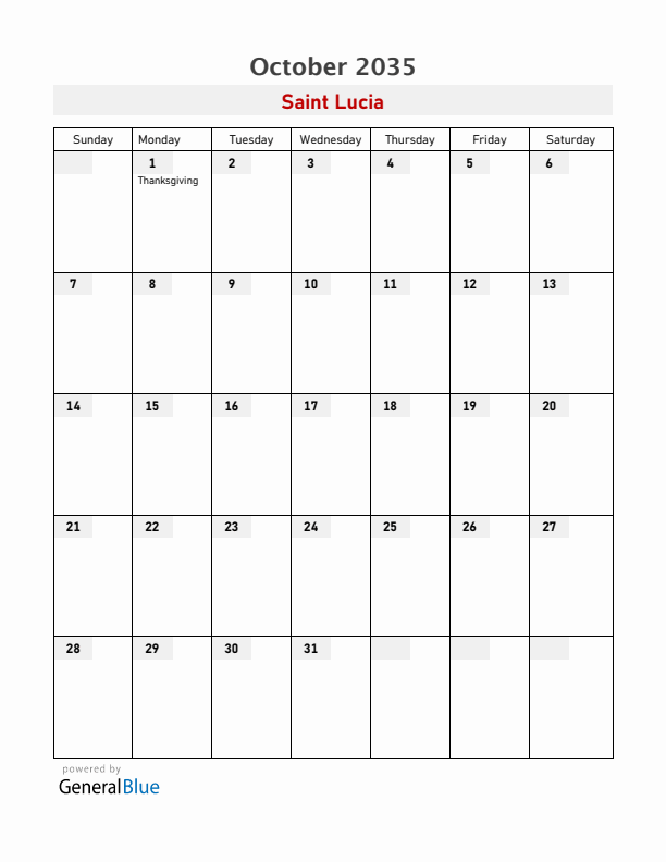 Saint Lucia October 2035 Calendar with Holidays