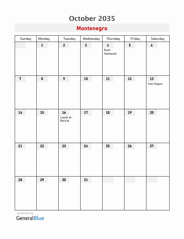 Montenegro October 2035 Calendar with Holidays