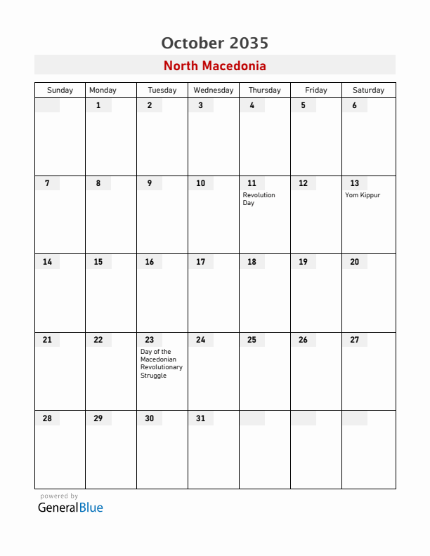 North Macedonia October 2035 Calendar with Holidays