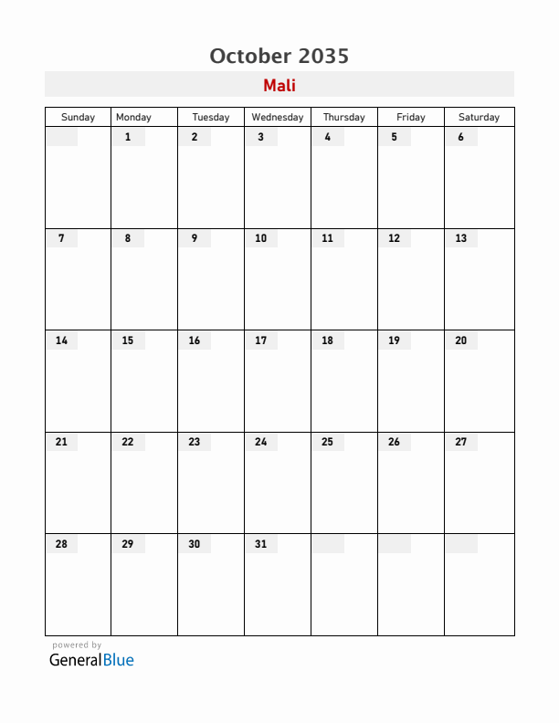 Mali October 2035 Calendar with Holidays